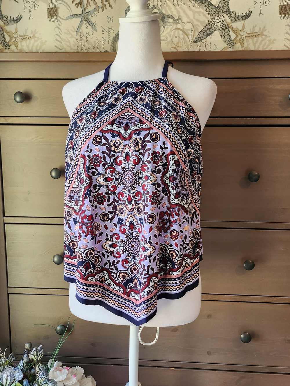 Kona Sol Lavender And Navy Floral Halter Top Tankini  Size Large